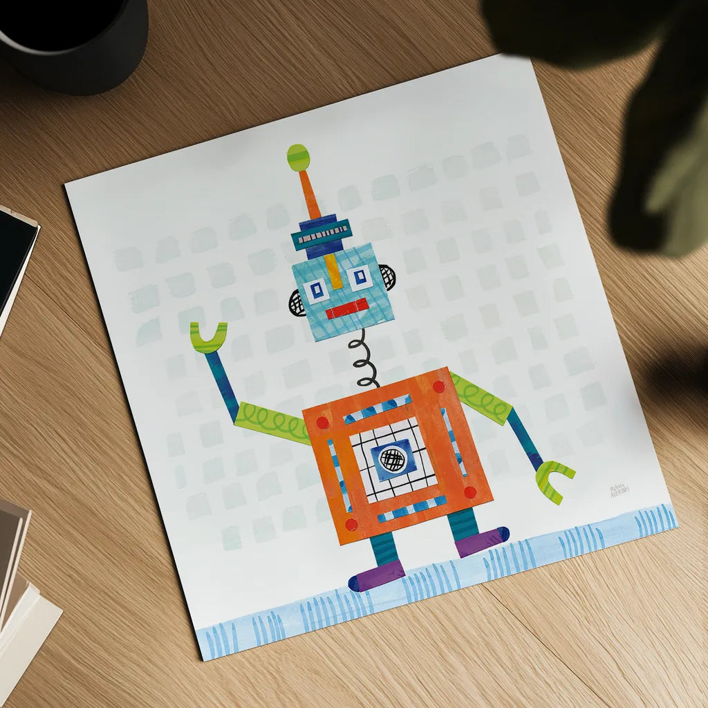 Robot Party III on Squares by Melissa Averinos. Shown as a detailed flat fine art print, highlighting archival giclee quality. Available as an archival giclee rolled canvas, fine art paper, or poster print. SKU 28691a.