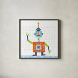 Robot Party III on Squares by Melissa Averinos. Shown in a sleek black glass frame for a contemporary gallery look. Available as an archival giclee rolled canvas, fine art paper, or poster print. SKU 28691a.