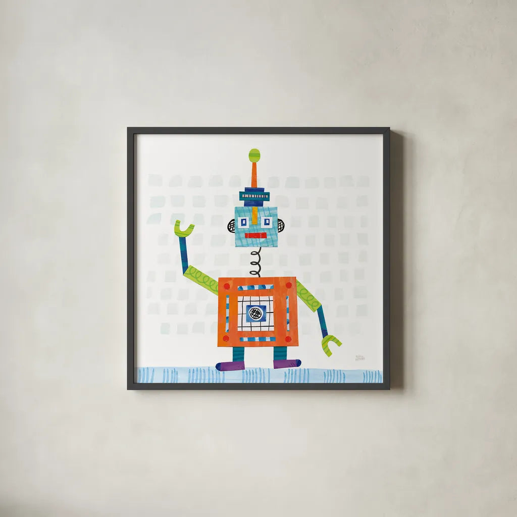 Robot Party III on Squares by Melissa Averinos. Shown in a sleek black glass frame for a contemporary gallery look. Available as an archival giclee rolled canvas, fine art paper, or poster print. SKU 28691a.