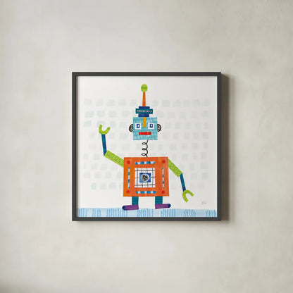 Robot Party III on Squares by Melissa Averinos. Shown in a sleek black glass frame for a contemporary gallery look. Available as an archival giclee rolled canvas, fine art paper, or poster print. SKU 28691a.
