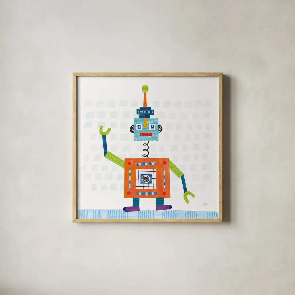 Robot Party III on Squares by Melissa Averinos. Shown in a natural wood glass frame for a timeless modern aesthetic. Available as an archival giclee rolled canvas, fine art paper, or poster print. SKU 28691a.