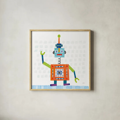 Robot Party III on Squares by Melissa Averinos. Shown in a natural wood glass frame for a timeless modern aesthetic. Available as an archival giclee rolled canvas, fine art paper, or poster print. SKU 28691a.