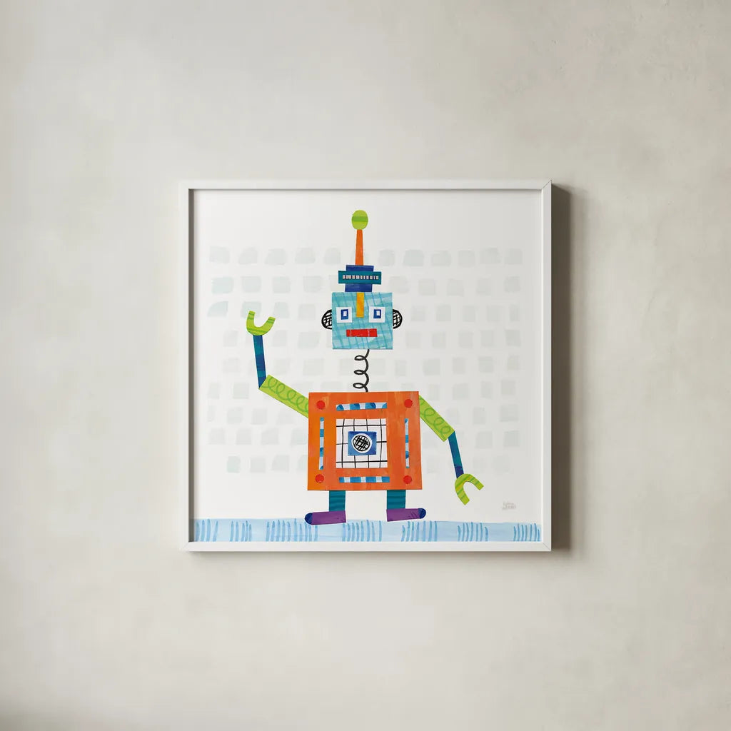 Robot Party III on Squares by Melissa Averinos. Shown in a crisp white glass frame for a clean and minimalist style. Available as an archival giclee rolled canvas, fine art paper, or poster print. SKU 28691a.