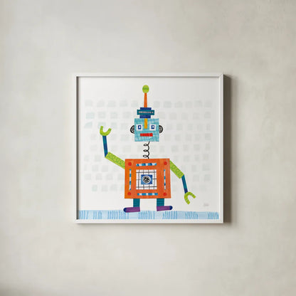 Robot Party III on Squares by Melissa Averinos. Shown in a crisp white glass frame for a clean and minimalist style. Available as an archival giclee rolled canvas, fine art paper, or poster print. SKU 28691a.