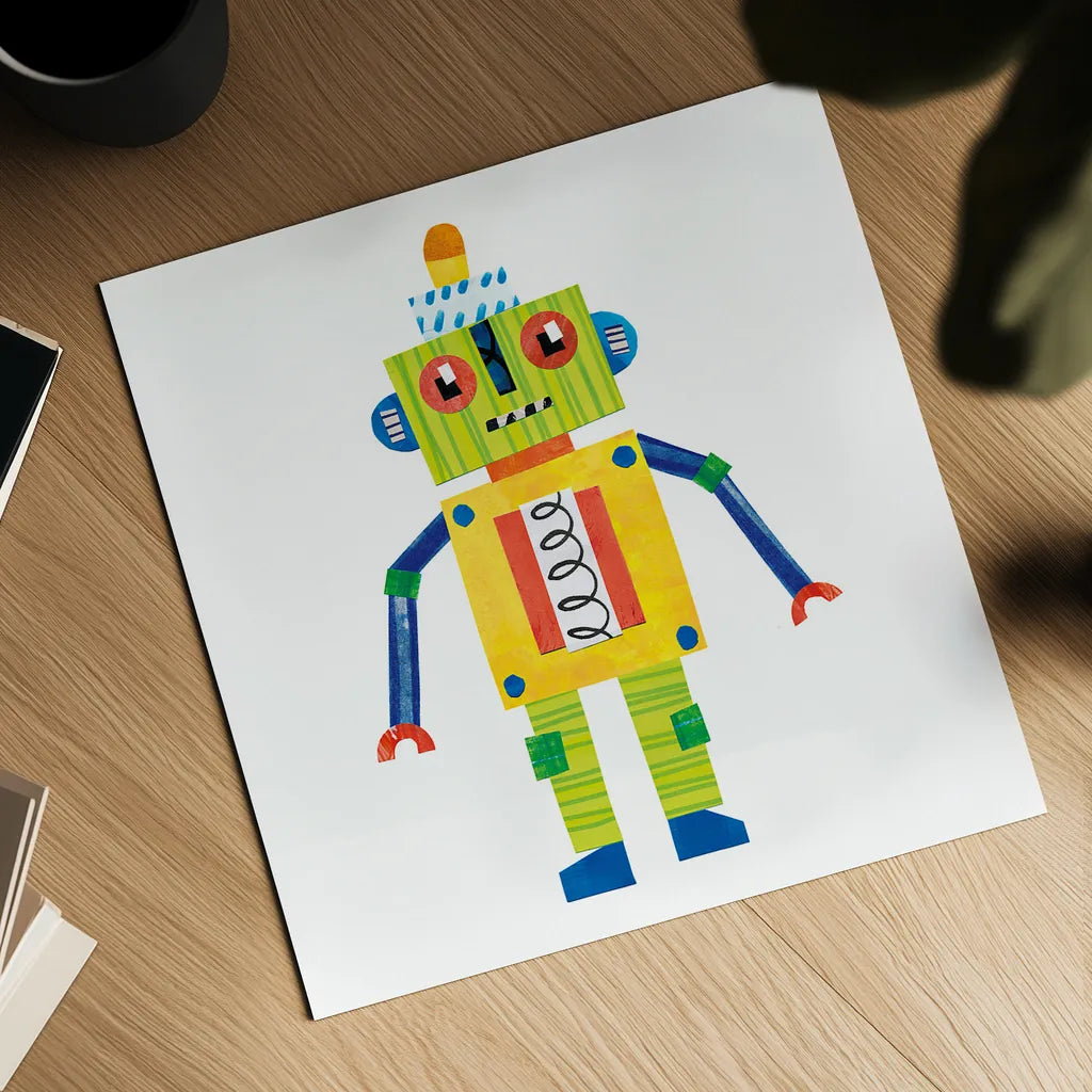 Robot Party IV by Melissa Averinos. Shown as a detailed flat fine art print, highlighting archival giclee quality. Available as an archival giclee rolled canvas, fine art paper, or poster print. SKU 28535a.