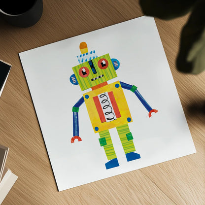 Robot Party IV by Melissa Averinos. Shown as a detailed flat fine art print, highlighting archival giclee quality. Available as an archival giclee rolled canvas, fine art paper, or poster print. SKU 28535a.