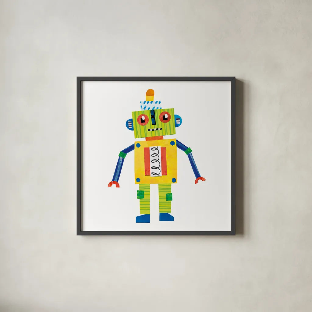 Robot Party IV by Melissa Averinos. Shown in a sleek black glass frame for a contemporary gallery look. Available as an archival giclee rolled canvas, fine art paper, or poster print. SKU 28535a.