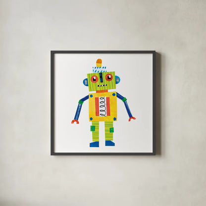 Robot Party IV by Melissa Averinos. Shown in a sleek black glass frame for a contemporary gallery look. Available as an archival giclee rolled canvas, fine art paper, or poster print. SKU 28535a.