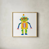 Robot Party IV by Melissa Averinos. Shown in a natural wood glass frame for a timeless modern aesthetic. Available as an archival giclee rolled canvas, fine art paper, or poster print. SKU 28535a.