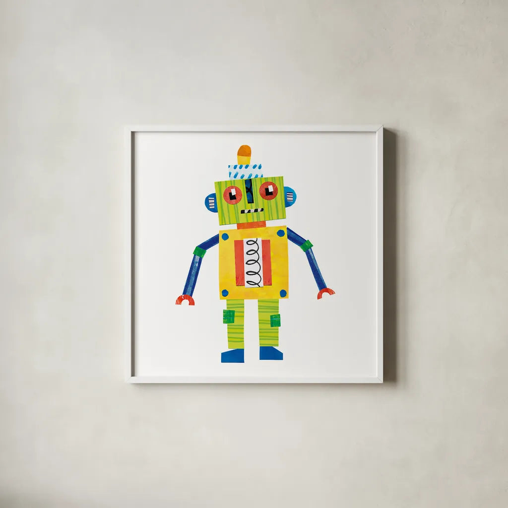 Robot Party IV by Melissa Averinos. Shown in a crisp white glass frame for a clean and minimalist style. Available as an archival giclee rolled canvas, fine art paper, or poster print. SKU 28535a.
