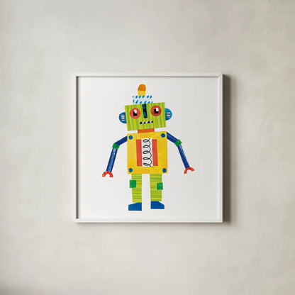 Robot Party IV by Melissa Averinos. Shown in a crisp white glass frame for a clean and minimalist style. Available as an archival giclee rolled canvas, fine art paper, or poster print. SKU 28535a.