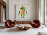 Robot Party IV by Melissa Averinos. Shown as extra-large giant wall art in a modern living room. Available as an archival giclee rolled canvas, fine art paper, or poster print. SKU 28535a.