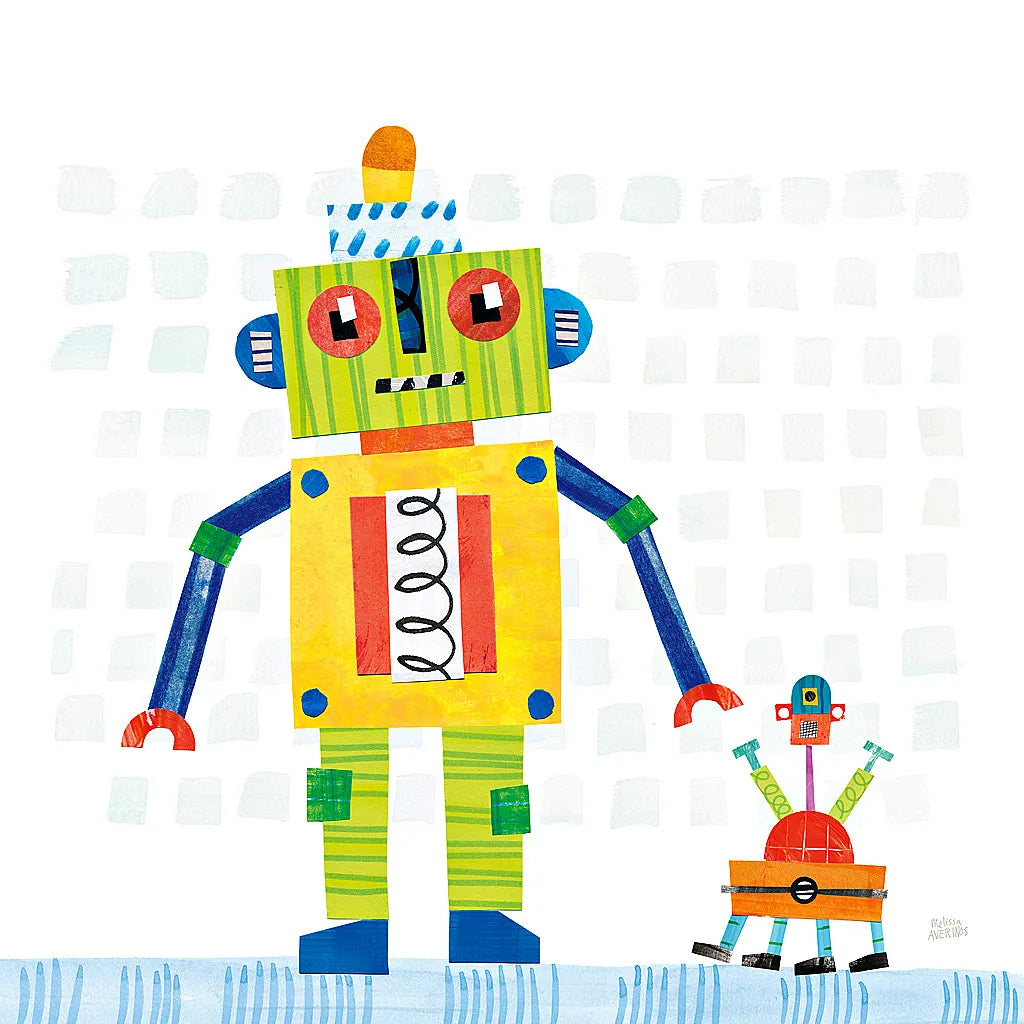 Robot Party IV on Square Toys by Melissa Averinos. SKU 28696a. Archival Giclee Fine art print for wall decor.