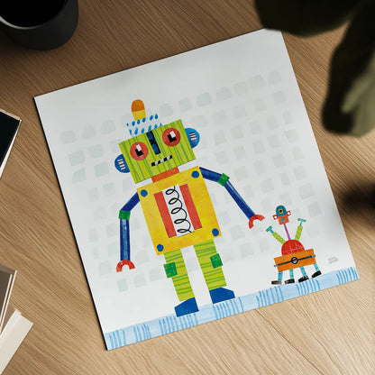 Robot Party IV on Square Toys by Melissa Averinos. Shown as a detailed flat fine art print, highlighting archival giclee quality. Available as an archival giclee rolled canvas, fine art paper, or poster print. SKU 28696a.