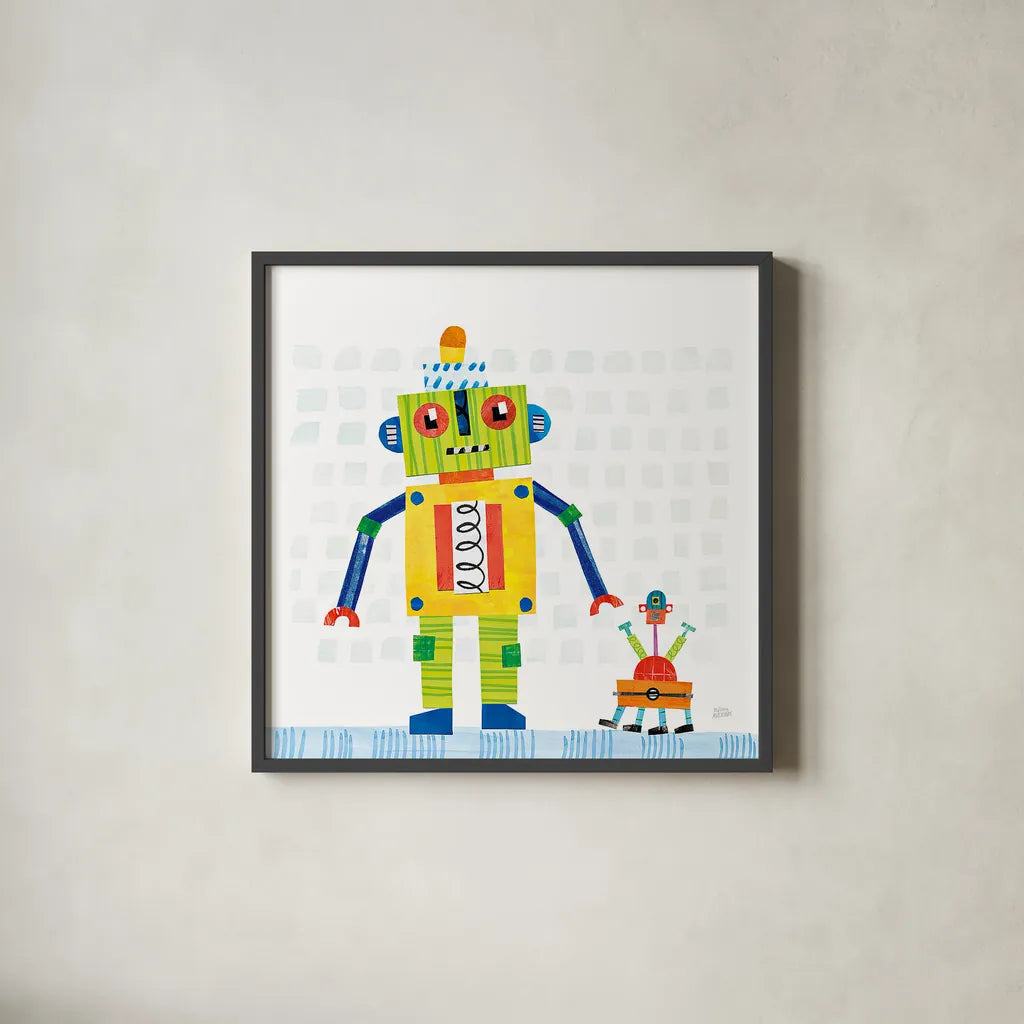 Robot Party IV on Square Toys by Melissa Averinos. Shown in a sleek black glass frame for a contemporary gallery look. Available as an archival giclee rolled canvas, fine art paper, or poster print. SKU 28696a.