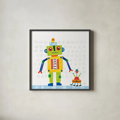 Robot Party IV on Square Toys by Melissa Averinos. Shown in a sleek black glass frame for a contemporary gallery look. Available as an archival giclee rolled canvas, fine art paper, or poster print. SKU 28696a.