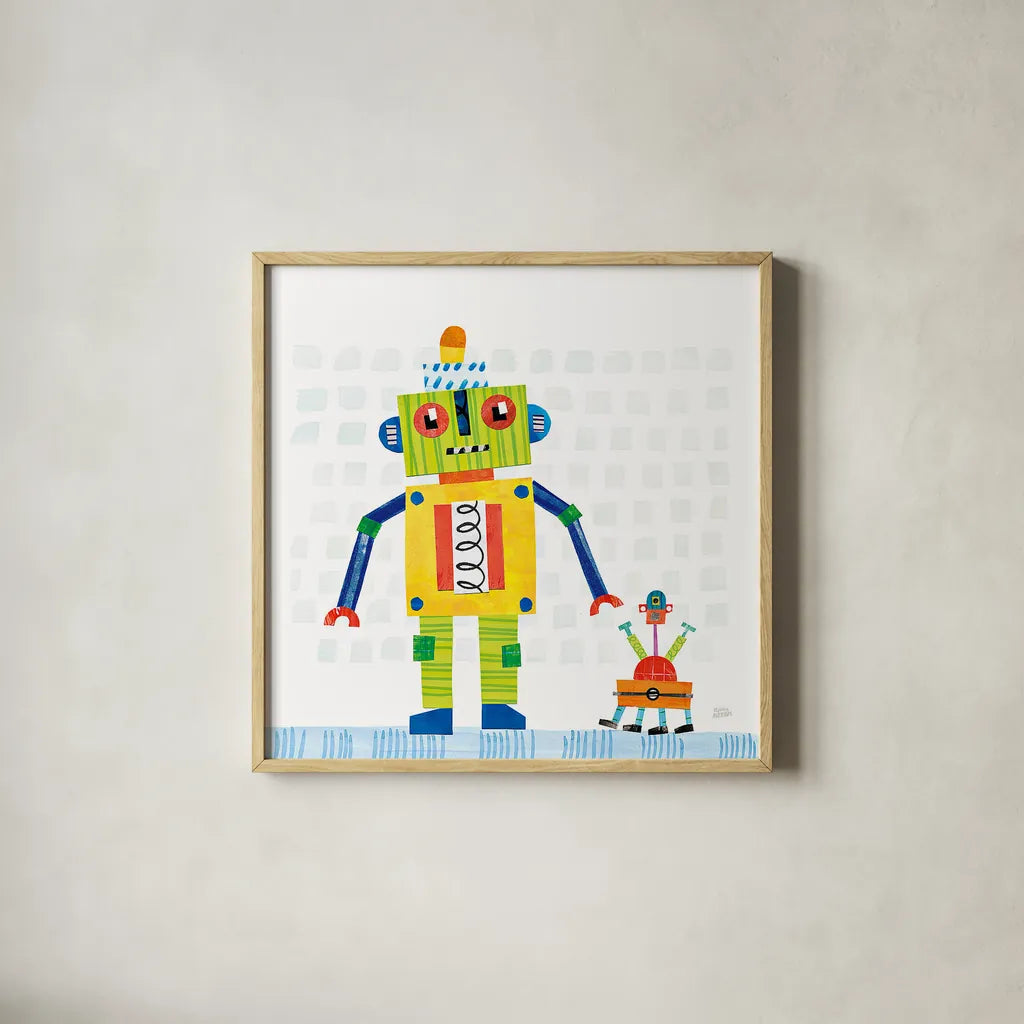 Robot Party IV on Square Toys by Melissa Averinos. Shown in a natural wood glass frame for a timeless modern aesthetic. Available as an archival giclee rolled canvas, fine art paper, or poster print. SKU 28696a.