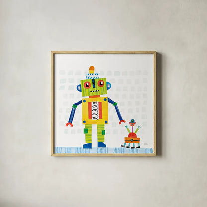 Robot Party IV on Square Toys by Melissa Averinos. Shown in a natural wood glass frame for a timeless modern aesthetic. Available as an archival giclee rolled canvas, fine art paper, or poster print. SKU 28696a.