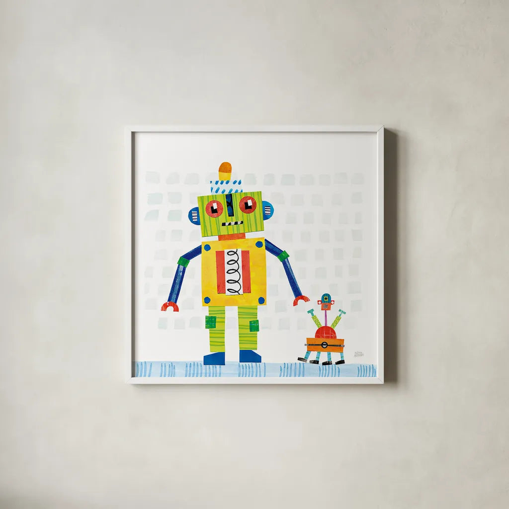 Robot Party IV on Square Toys by Melissa Averinos. Shown in a crisp white glass frame for a clean and minimalist style. Available as an archival giclee rolled canvas, fine art paper, or poster print. SKU 28696a.