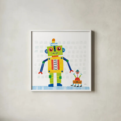 Robot Party IV on Square Toys by Melissa Averinos. Shown in a crisp white glass frame for a clean and minimalist style. Available as an archival giclee rolled canvas, fine art paper, or poster print. SKU 28696a.
