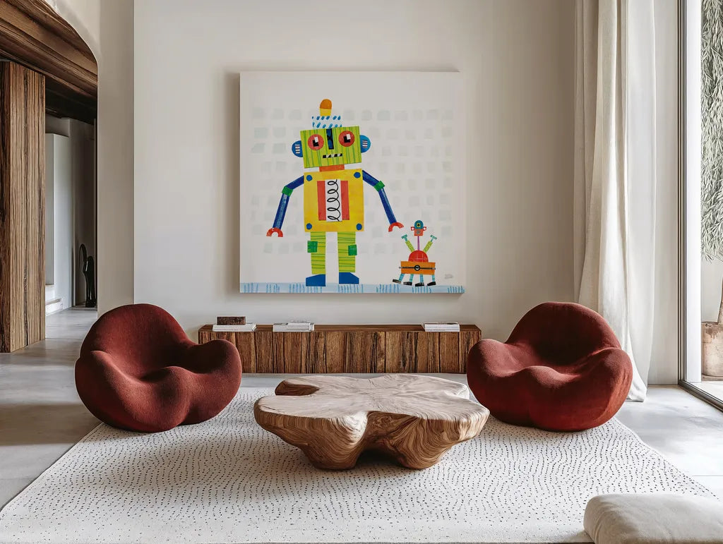 Robot Party IV on Square Toys by Melissa Averinos. Shown as extra-large giant wall art in a modern living room. Available as an archival giclee rolled canvas, fine art paper, or poster print. SKU 28696a.