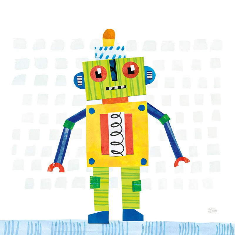 Robot Party IV on Squares by Melissa Averinos. SKU 28692a. Archival Giclee Fine art print for wall decor.