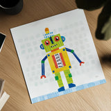 Robot Party IV on Squares by Melissa Averinos. Shown as a detailed flat fine art print, highlighting archival giclee quality. Available as an archival giclee rolled canvas, fine art paper, or poster print. SKU 28692a.