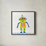 Robot Party IV on Squares by Melissa Averinos. Shown in a sleek black glass frame for a contemporary gallery look. Available as an archival giclee rolled canvas, fine art paper, or poster print. SKU 28692a.