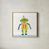 Robot Party IV on Squares by Melissa Averinos. Shown in a natural wood glass frame for a timeless modern aesthetic. Available as an archival giclee rolled canvas, fine art paper, or poster print. SKU 28692a.