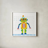 Robot Party IV on Squares by Melissa Averinos. Shown in a crisp white glass frame for a clean and minimalist style. Available as an archival giclee rolled canvas, fine art paper, or poster print. SKU 28692a.