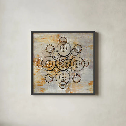 Saffron Mandala I Crop by Melissa Averinos. Shown in a sleek black glass frame for a contemporary gallery look. Available as an archival giclee rolled canvas, fine art paper, or poster print. SKU 29693a.