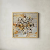 Saffron Mandala I Crop by Melissa Averinos. Shown in a natural wood glass frame for a timeless modern aesthetic. Available as an archival giclee rolled canvas, fine art paper, or poster print. SKU 29693a.