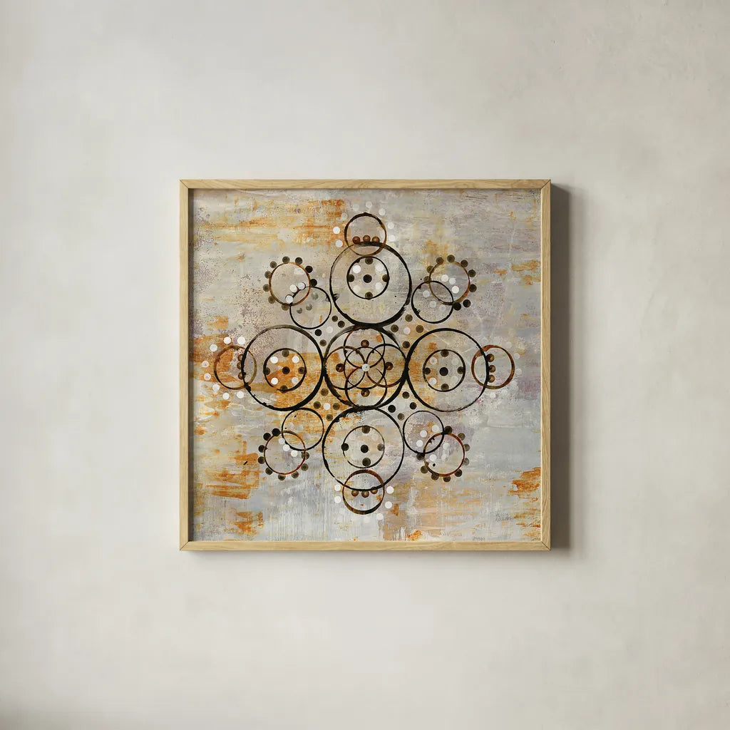 Saffron Mandala I Crop by Melissa Averinos. Shown in a natural wood glass frame for a timeless modern aesthetic. Available as an archival giclee rolled canvas, fine art paper, or poster print. SKU 29693a.