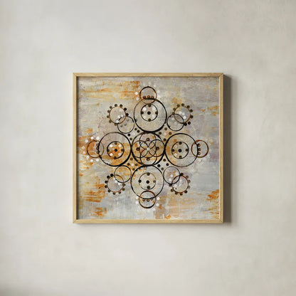 Saffron Mandala I Crop by Melissa Averinos. Shown in a natural wood glass frame for a timeless modern aesthetic. Available as an archival giclee rolled canvas, fine art paper, or poster print. SKU 29693a.