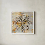 Saffron Mandala I Crop by Melissa Averinos. Shown in a crisp white glass frame for a clean and minimalist style. Available as an archival giclee rolled canvas, fine art paper, or poster print. SKU 29693a.