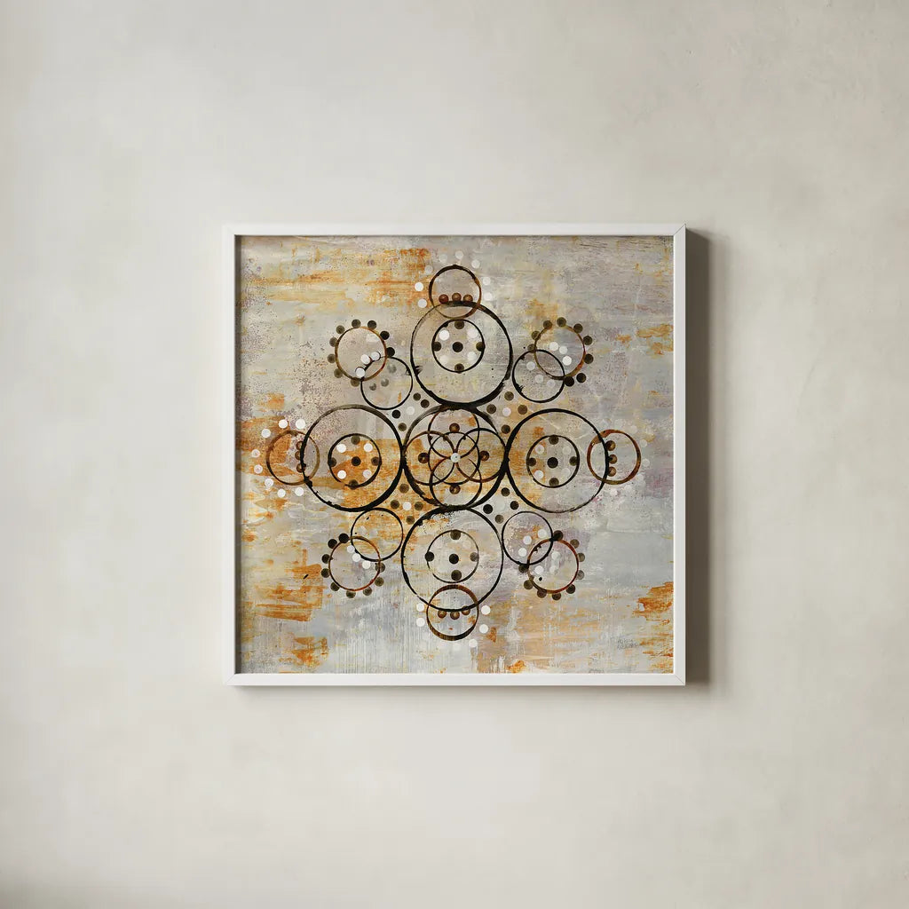 Saffron Mandala I Crop by Melissa Averinos. Shown in a crisp white glass frame for a clean and minimalist style. Available as an archival giclee rolled canvas, fine art paper, or poster print. SKU 29693a.