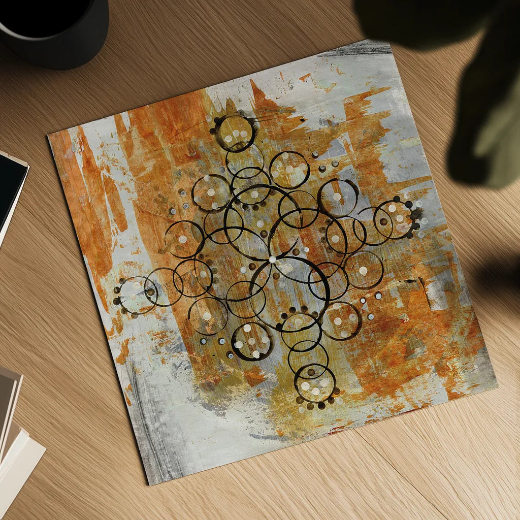 Saffron Mandala II Crop by Melissa Averinos. Shown as a detailed flat fine art print, highlighting archival giclee quality. Available as an archival giclee rolled canvas, fine art paper, or poster print. SKU 29694a.