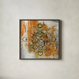 Saffron Mandala II Crop by Melissa Averinos. Shown in a sleek black glass frame for a contemporary gallery look. Available as an archival giclee rolled canvas, fine art paper, or poster print. SKU 29694a.