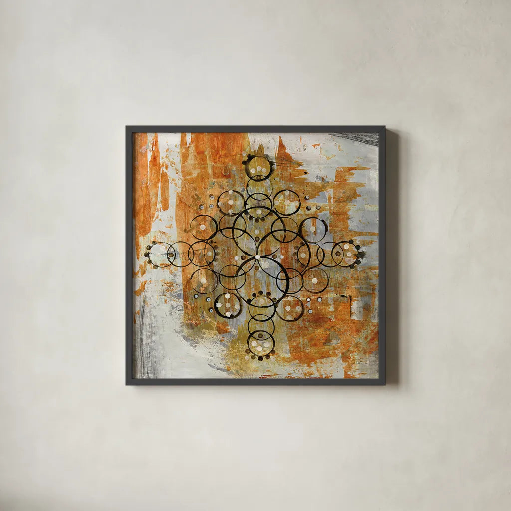Saffron Mandala II Crop by Melissa Averinos. Shown in a sleek black glass frame for a contemporary gallery look. Available as an archival giclee rolled canvas, fine art paper, or poster print. SKU 29694a.