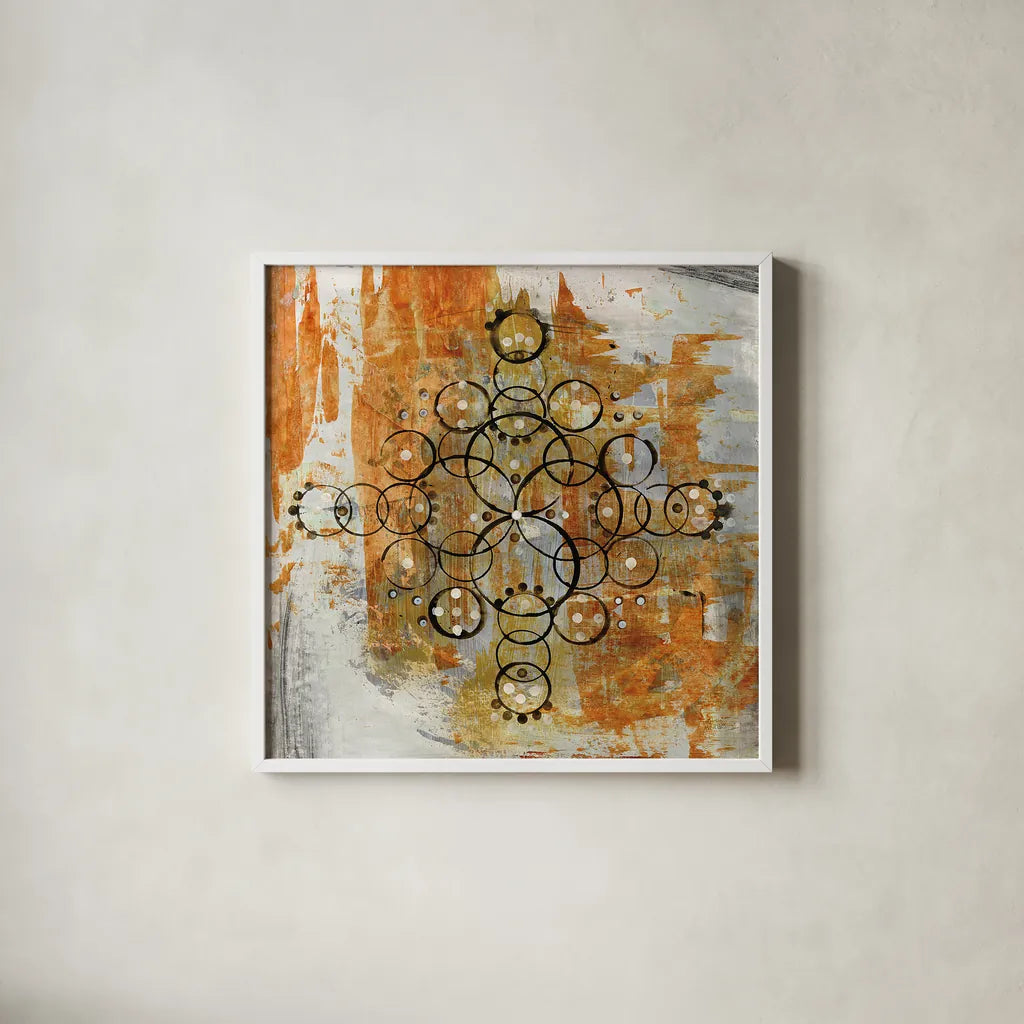 Saffron Mandala II Crop by Melissa Averinos. Shown in a crisp white glass frame for a clean and minimalist style. Available as an archival giclee rolled canvas, fine art paper, or poster print. SKU 29694a.