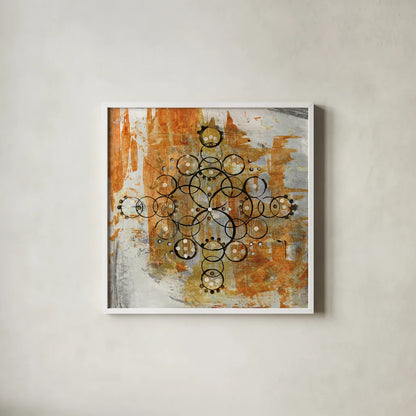 Saffron Mandala II Crop by Melissa Averinos. Shown in a crisp white glass frame for a clean and minimalist style. Available as an archival giclee rolled canvas, fine art paper, or poster print. SKU 29694a.