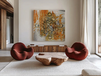 Saffron Mandala II Crop by Melissa Averinos. Shown as extra-large giant wall art in a modern living room. Available as an archival giclee rolled canvas, fine art paper, or poster print. SKU 29694a.