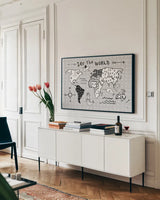Scandy Baby I by Melissa Averinos. shown as a framed stretched canvas in a living room above a console. Available as a archival giclee rolled canvas, fine art paper, or poster print. SKU 51935i.