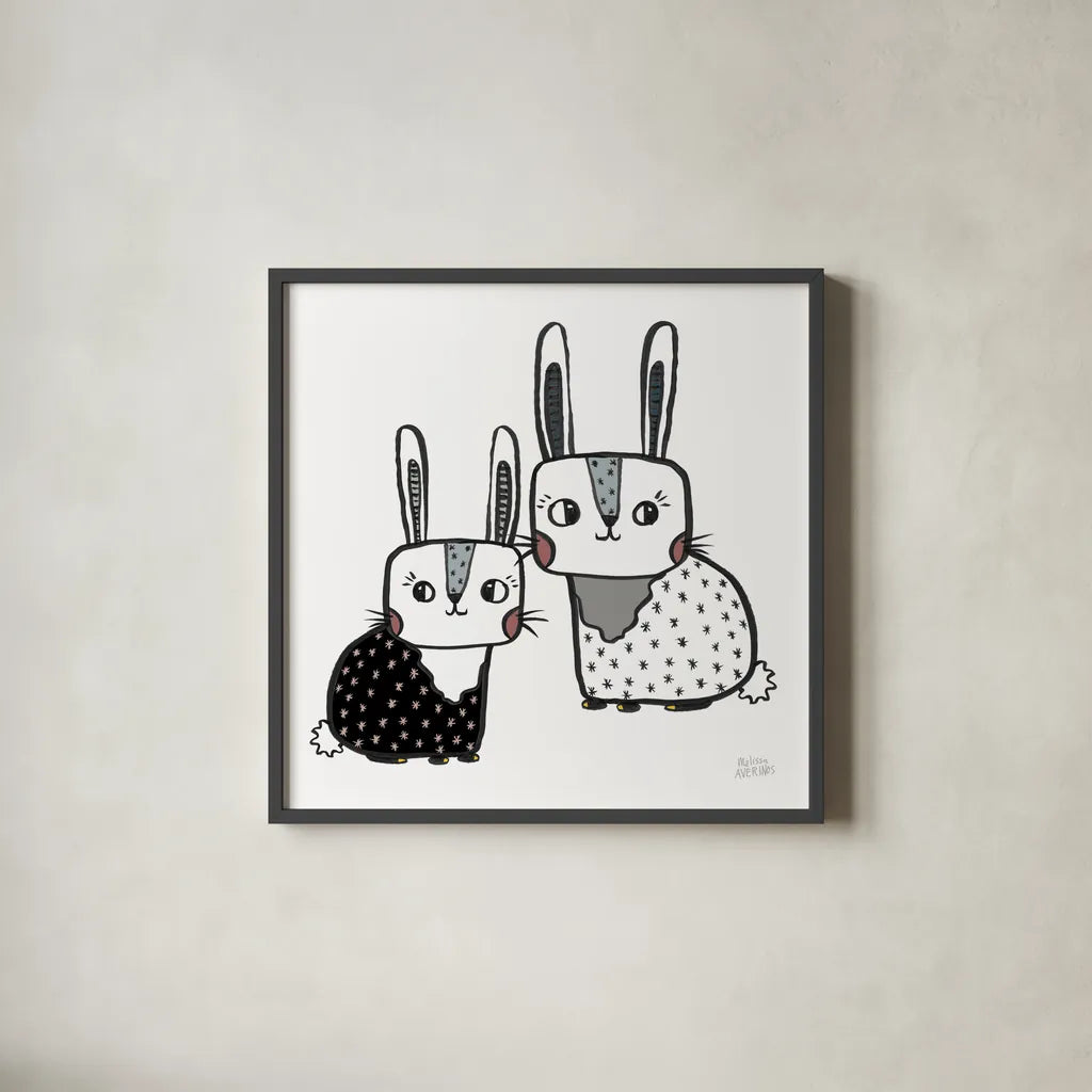 Scandy Baby V Warm Sq by Melissa Averinos. Shown in a sleek black glass frame for a contemporary gallery look. Available as an archival giclee rolled canvas, fine art paper, or poster print. SKU 52087a.