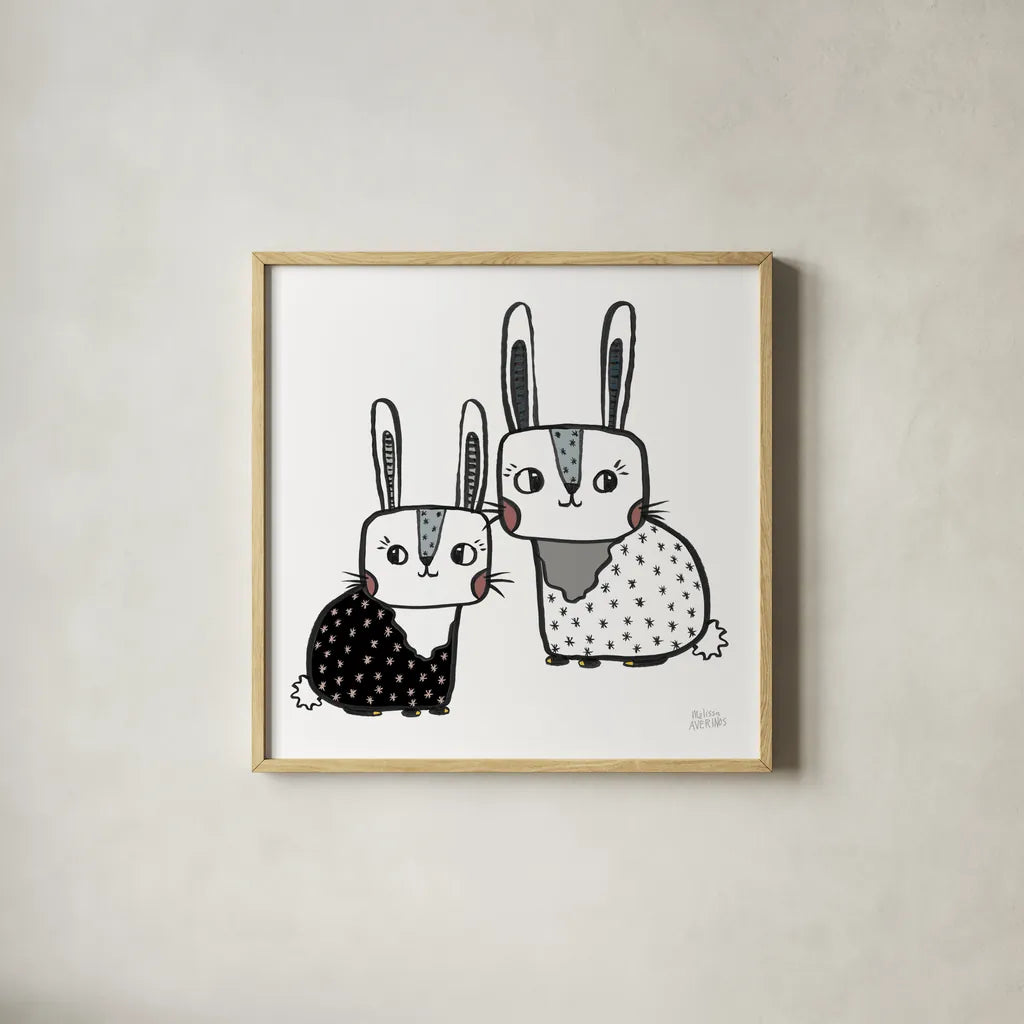 Scandy Baby V Warm Sq by Melissa Averinos. Shown in a natural wood glass frame for a timeless modern aesthetic. Available as an archival giclee rolled canvas, fine art paper, or poster print. SKU 52087a.