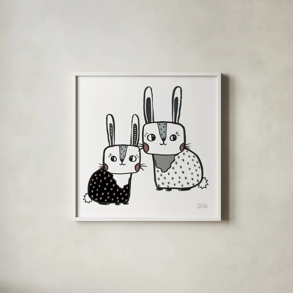 Scandy Baby V Warm Sq by Melissa Averinos. Shown in a crisp white glass frame for a clean and minimalist style. Available as an archival giclee rolled canvas, fine art paper, or poster print. SKU 52087a.