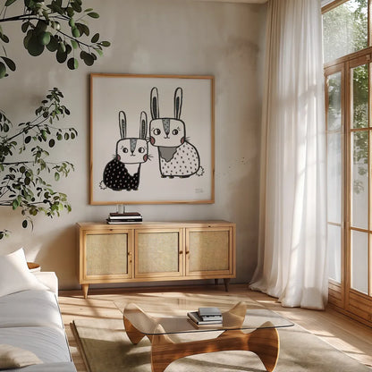 Scandy Baby V Warm Sq by Melissa Averinos. Shown in a natural wood frame in a cozy modern living room. Available as an archival giclee rolled canvas, fine art paper, or poster print. SKU 52087a.