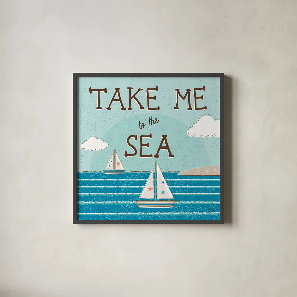 Sea and Me I by Melissa Averinos. Shown in a sleek black glass frame for a contemporary gallery look. Available as an archival giclee rolled canvas, fine art paper, or poster print. SKU 66258a.