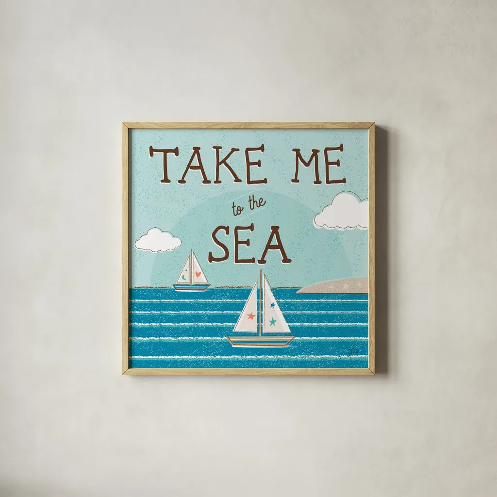 Sea and Me I by Melissa Averinos. Shown in a natural wood glass frame for a timeless modern aesthetic. Available as an archival giclee rolled canvas, fine art paper, or poster print. SKU 66258a.
