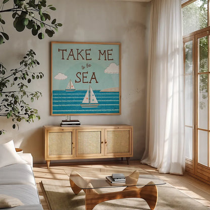 Sea and Me I by Melissa Averinos. Shown in a natural wood frame in a cozy modern living room. Available as an archival giclee rolled canvas, fine art paper, or poster print. SKU 66258a.